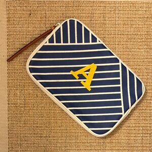 Mark and Graham Striped Blue and Yellow Monogram “A” Pouch Leather Trim 10x7in